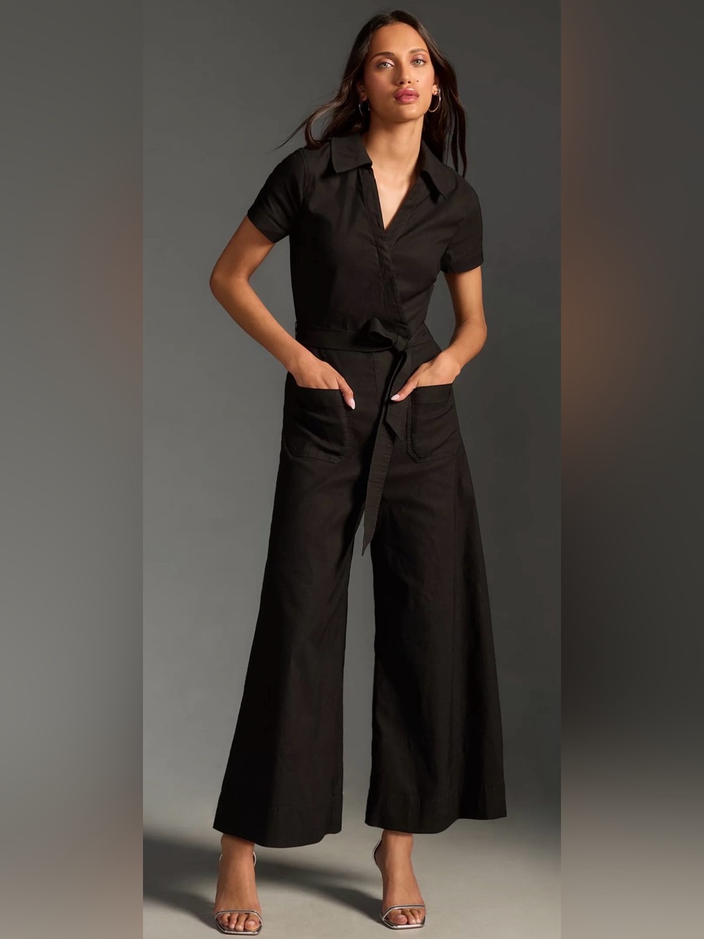 Anthropologie Black Short-Sleeve Wide-Leg Jumpsuit with Tie Waist Witchy Vibe 12